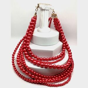 Holiday Necklace of 7 Strands of Beautiful Red Beads of different sizes